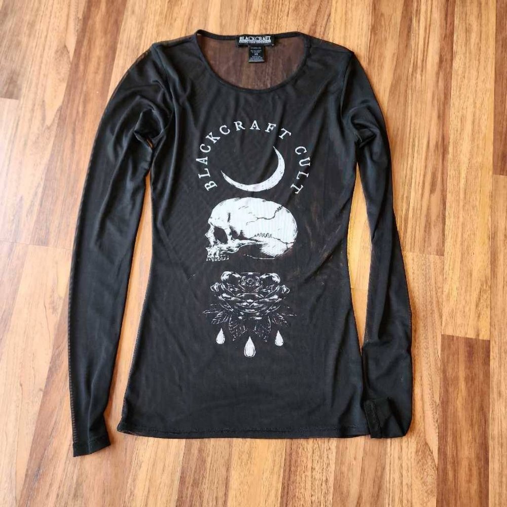 Black Craft Cult Womens Mesh Top Skull Lotus Blossom Long Sleeve Stretch Goth XS
